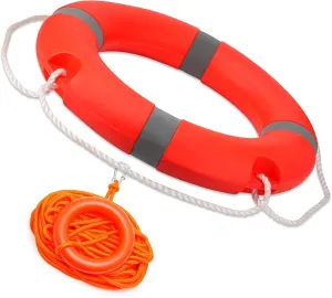 Pool Life Ring Buoy Safety Ring Boat Throw Ring Life Preserver Ring with Water Floating Lifesaving Rope and Reflective Tape Orange 14"/22"