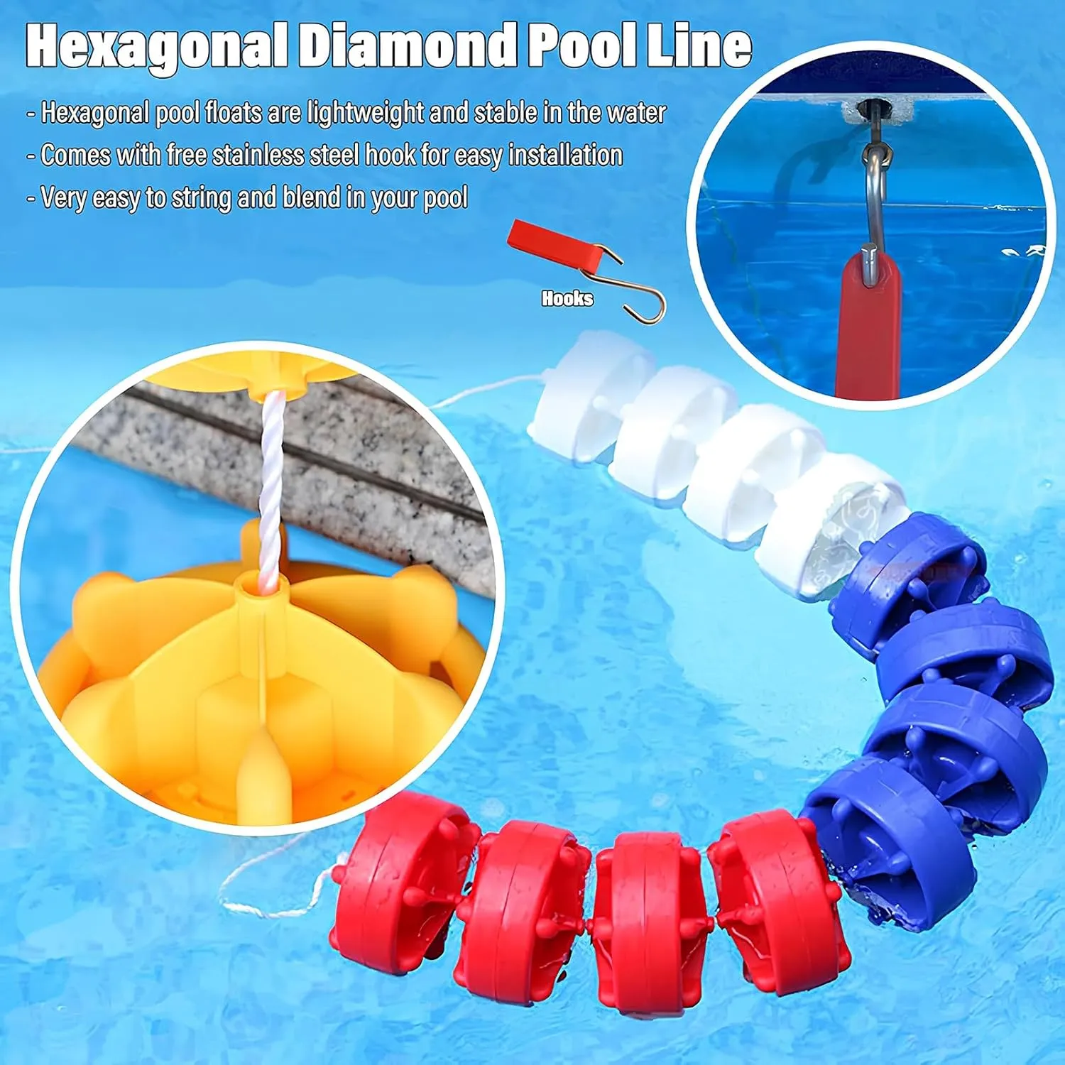 Pool Safety Floats, Inground Pool Lanes Divider Line for Cordon, Divider Rope Safety Swimming Pools Lane, for Swimming Training Competition, Blue/Yellow/Red Floats, Nylon Rope