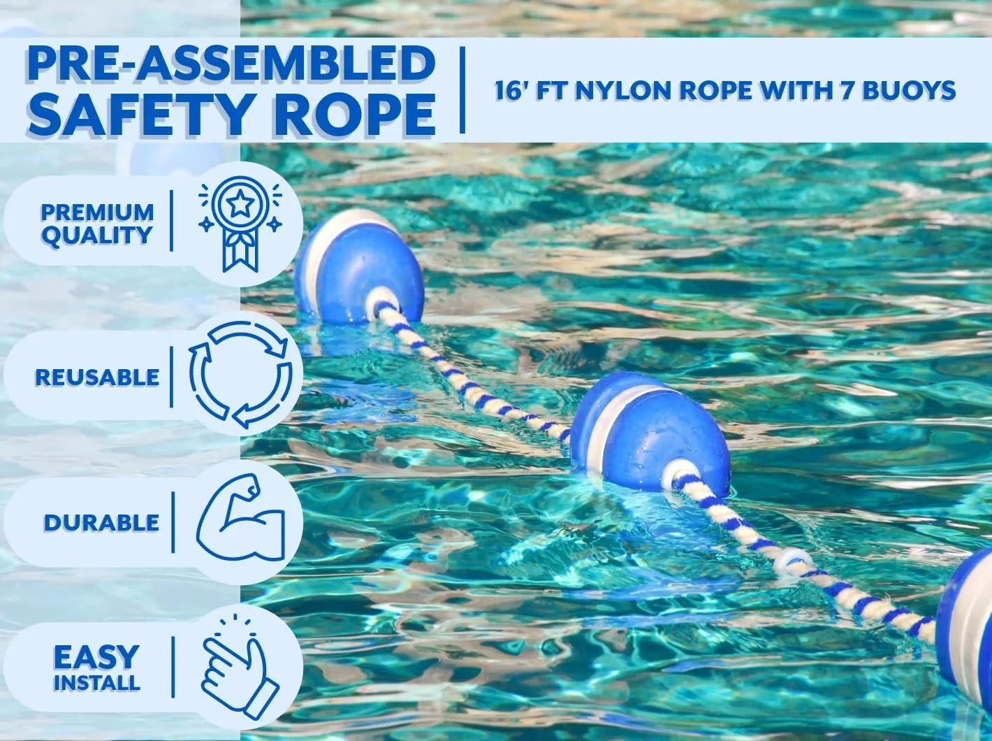 Poolzilla 16ft Swimming Pool Safety Rope and Float Kit Pre-Assembled Shallow End Divider with Stainless Steel Hooks