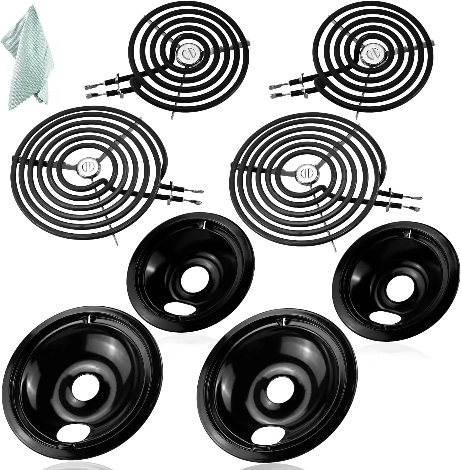 Porcelain Drip Pan Set Replacement compatible with G*E Hot*Point Cooktop WB31M20 WB31M19 Drip Pans and WB30M1 WB30M2 Electric Range Burner Element Unit Set,with A Cleaning Cloth by Fetechmate