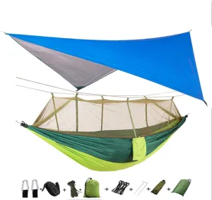 Portable Camping Hammock with Mosquito net and rain Cloth, Hammock Canopy Nylon Hammock Double Hammock Hiking Terrace Furniture Blueandlightgreen