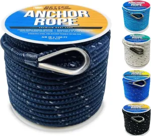 Premium Boat Anchor Rope, 100 Ft Double Braided Navy Blue Nylon Marine Line, 3/8 Inch Reel for Anchors and Boats