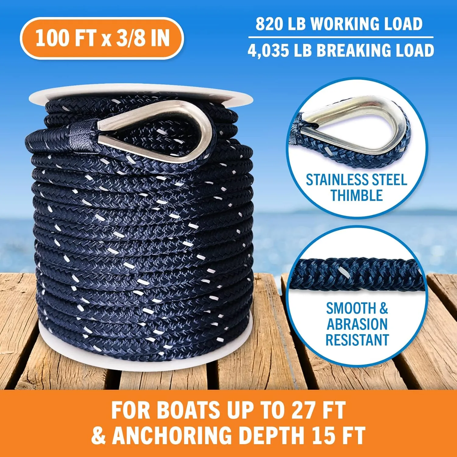 Premium Boat Anchor Rope, 100 Ft Double Braided Navy Blue Nylon Marine Line, 3/8 Inch Reel for Anchors and Boats