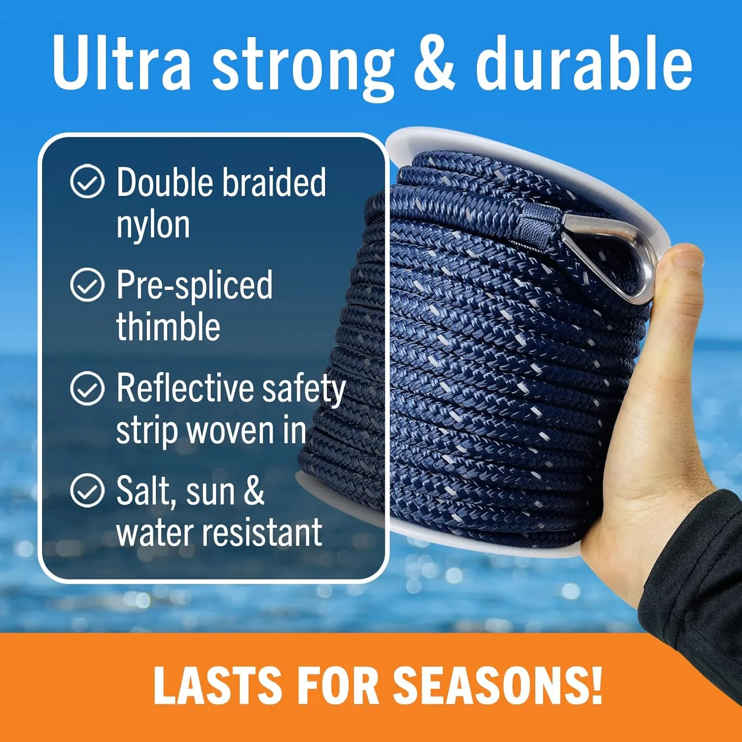 Premium Boat Anchor Rope, 100 Ft Double Braided Navy Blue Nylon Marine Line, 3/8 Inch Reel for Anchors and Boats