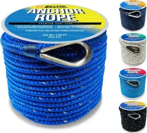 Premium Boat Anchor Rope, 100 Ft Double Braided Royal Blue Nylon Marine Line, 3/8 Inch Reel for Anchors and Boats