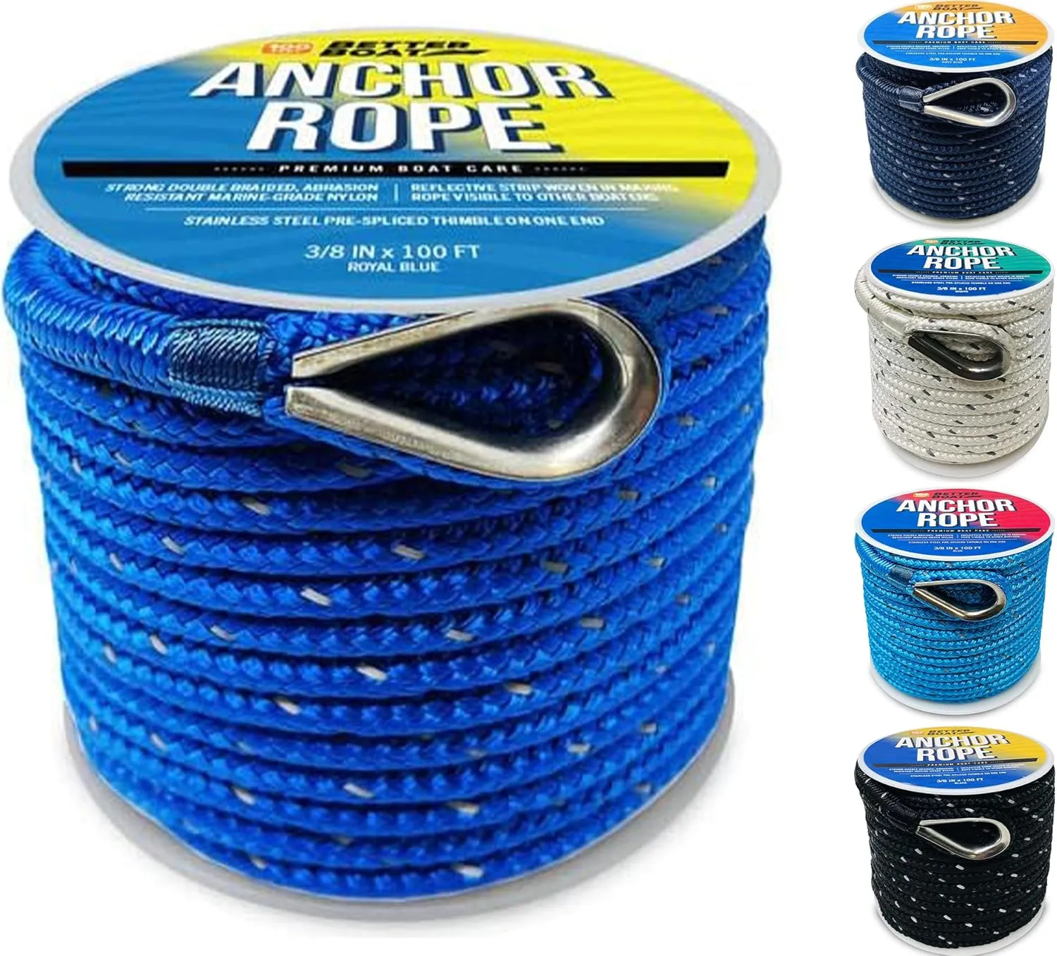 Premium Boat Anchor Rope, 100 Ft Double Braided Royal Blue Nylon Marine Line, 3/8 Inch Reel for Anchors and Boats