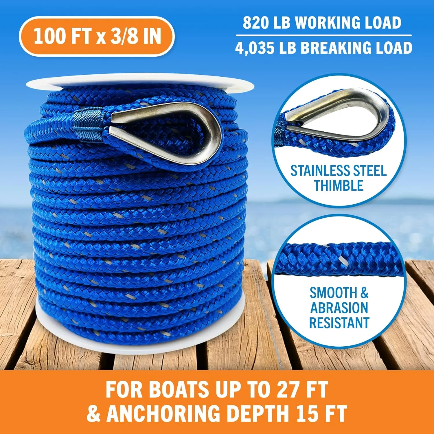 Premium Boat Anchor Rope, 100 Ft Double Braided Royal Blue Nylon Marine Line, 3/8 Inch Reel for Anchors and Boats