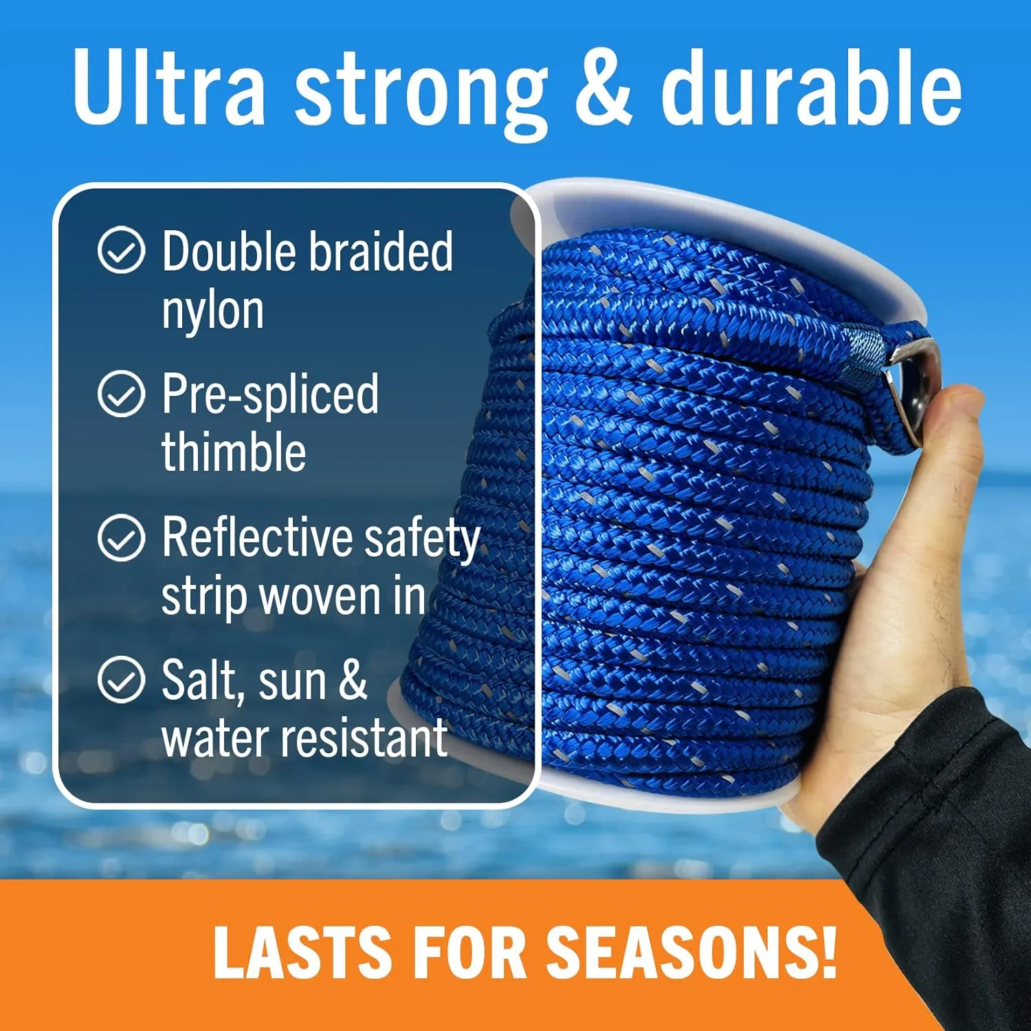 Premium Boat Anchor Rope, 100 Ft Double Braided Royal Blue Nylon Marine Line, 3/8 Inch Reel for Anchors and Boats