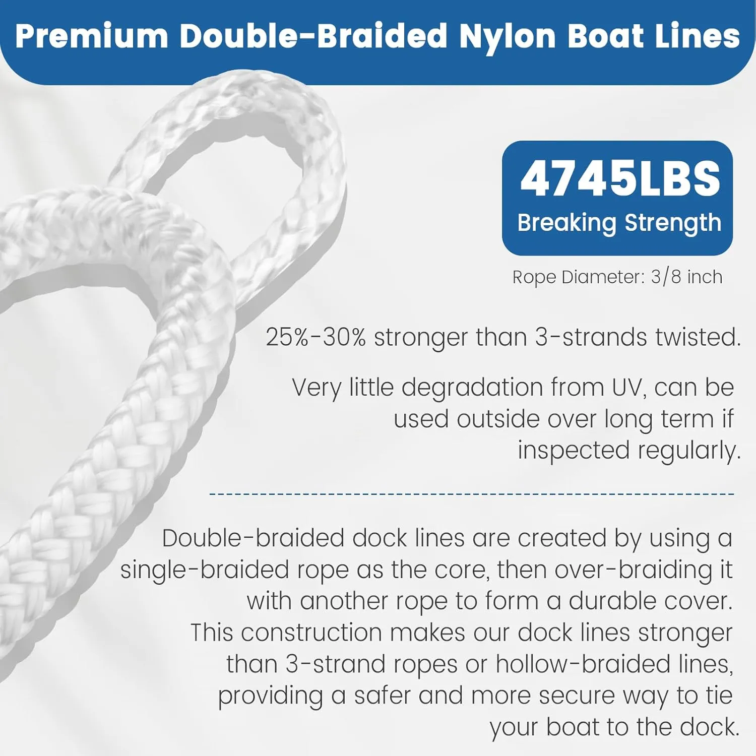 Premium Marine-Grade Boat Anchor Rope - 3/8" x 100' Strength-Tested Double Braided Nylon Line with Corrosion-Resistant Stainless Steel Thimble & Shackle | Heavy-Duty Anchoring Rope (White)