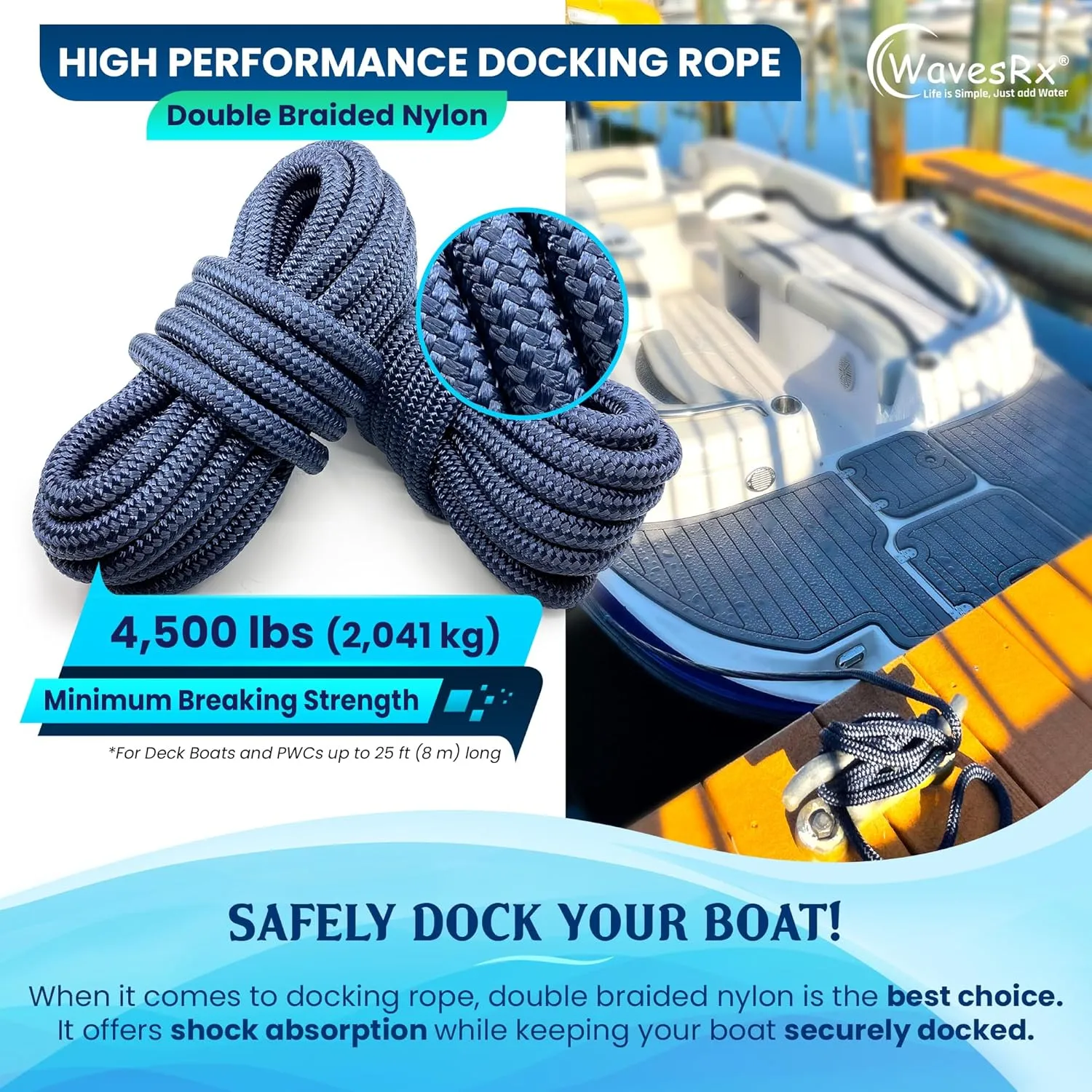 Premium Nylon Boat Dock Lines & Ropes for Docking & Pontoon | Double Braided Marine Rope | Boat Ropes for Docking with Loop | UV & Saltwater Resistant Dock Ropes for Boats & Mooring Line