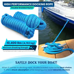 Premium Nylon Boat Dock Lines & Ropes for Docking & Pontoon | Double Braided Marine Rope | Boat Ropes for Docking with Loop | UV & Saltwater Resistant Dock Ropes for Boats & Mooring Line