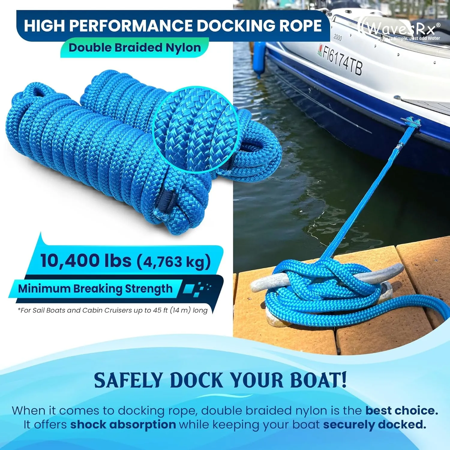 Premium Nylon Boat Dock Lines & Ropes for Docking & Pontoon | Double Braided Marine Rope | Boat Ropes for Docking with Loop | UV & Saltwater Resistant Dock Ropes for Boats & Mooring Line