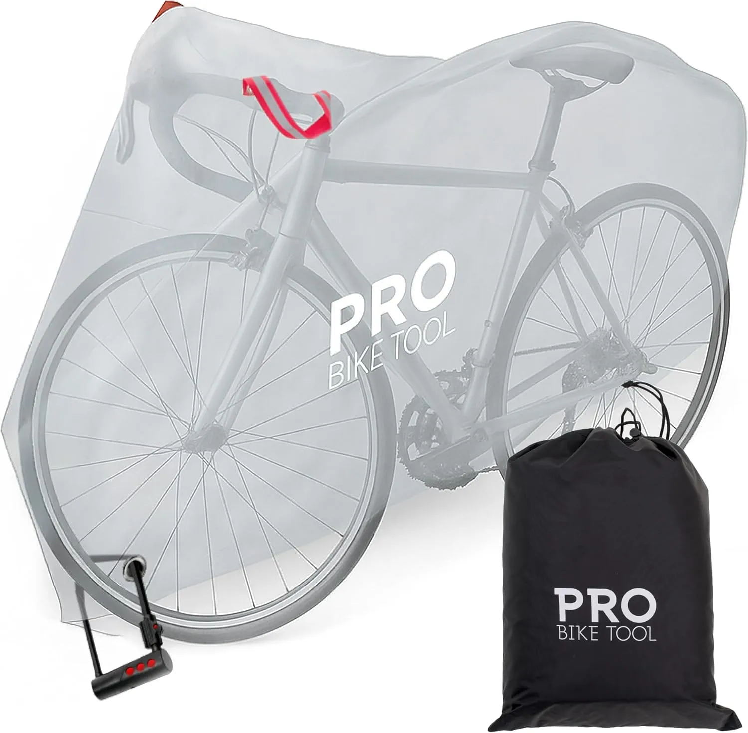 PRO BIKE TOOL Bicycle Cover Transparent PVC 0.15mm Thick, Reflective Safety Loops, Chain Hole Rings, Wheel Fit Rope, Adjustable Buckle Strap, Storage Bag, Large Size
