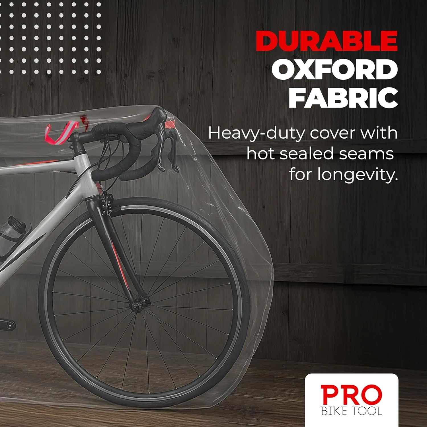 PRO BIKE TOOL Bicycle Cover Transparent PVC 0.15mm Thick, Reflective Safety Loops, Chain Hole Rings, Wheel Fit Rope, Adjustable Buckle Strap, Storage Bag, Large Size