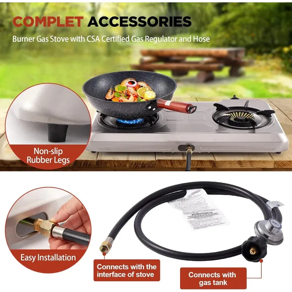 Propane Gas Cooktop 2 Burner Gas Stove Portable Stainless Steel Stove Auto Ignition Camping Dual LPG for RV, Apartment, Outdoor