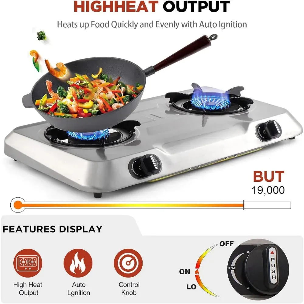 Propane Gas Cooktop 2 Burner Gas Stove Portable Stainless Steel Stove Auto Ignition Camping Dual LPG for RV, Apartment, Outdoor