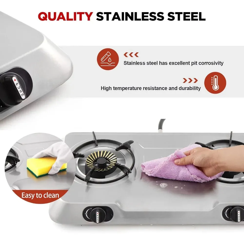Propane Gas Cooktop 2 Burner Gas Stove Portable Stainless Steel Stove Auto Ignition Camping Dual LPG for RV, Apartment, Outdoor