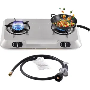 Propane Gas Cooktop 2 Burner Gas Stove Portable Stainless Steel Stove Auto Ignition Camping Dual LPG for RV, Apartment, Outdoor