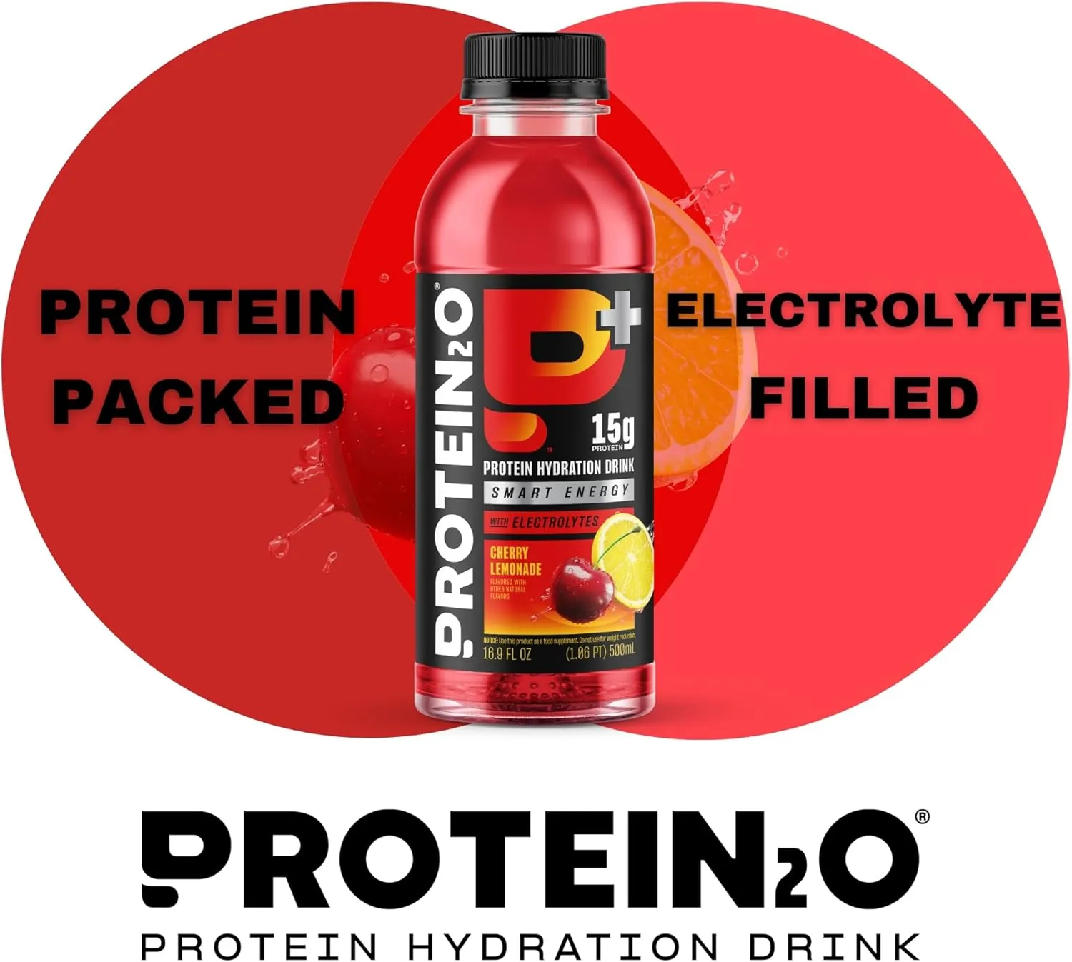 Protein2o 15g Whey Protein Isolate Hydration Drink Plus Energy & Focus, 350mg of Electrolytes, 125mg of Caffeine, Sugar Free, Cherry Lemonade, 16.9 oz Bottle (Pack of 12)