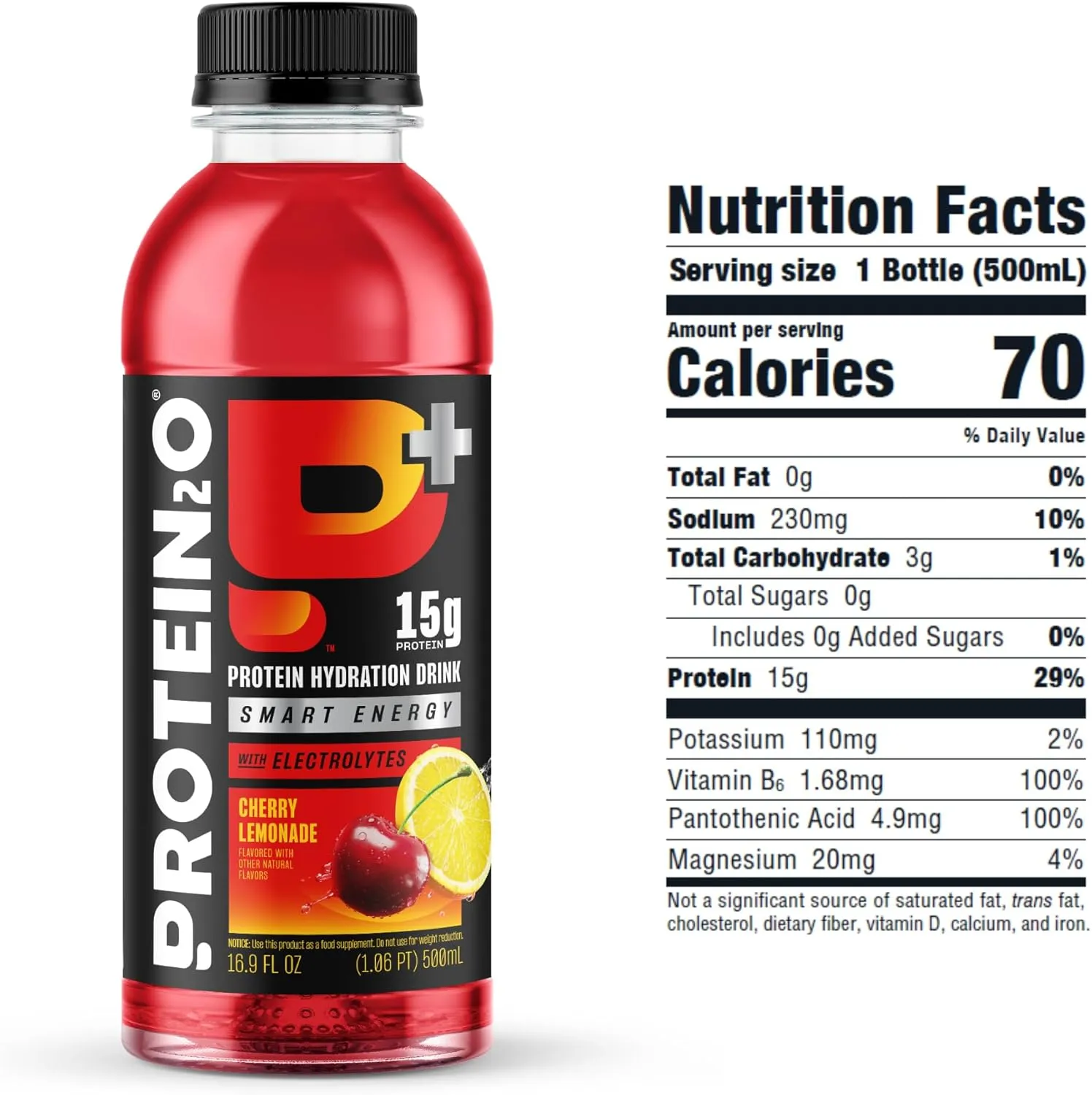 Protein2o 15g Whey Protein Isolate Hydration Drink Plus Energy & Focus, 350mg of Electrolytes, 125mg of Caffeine, Sugar Free, Cherry Lemonade, 16.9 oz Bottle (Pack of 12)