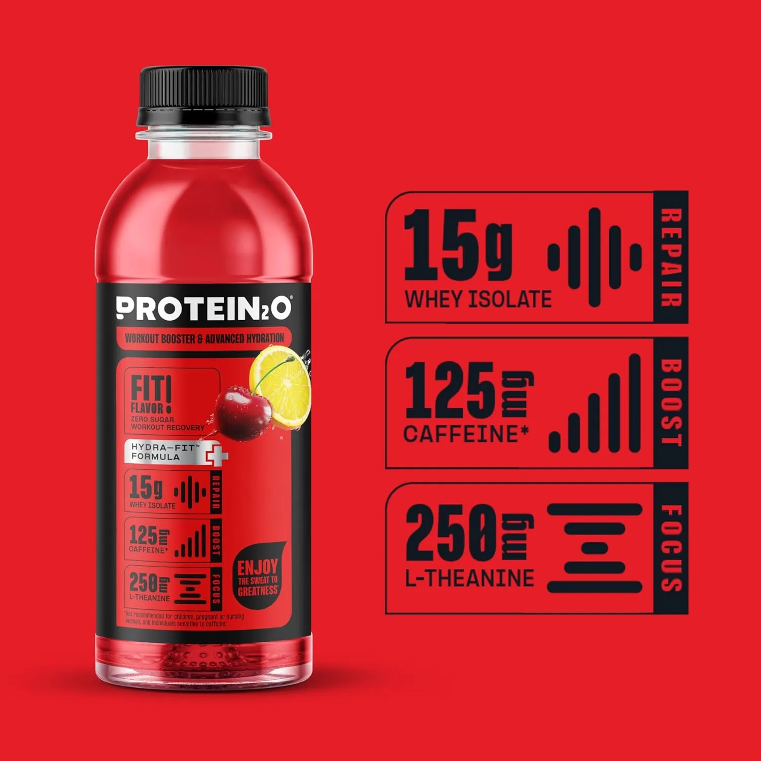 Protein2o 15g Whey Protein Isolate Hydration Drink Plus Energy & Focus, 350mg of Electrolytes, 125mg of Caffeine, Sugar Free, Cherry Lemonade, 16.9 oz Bottle (Pack of 12)