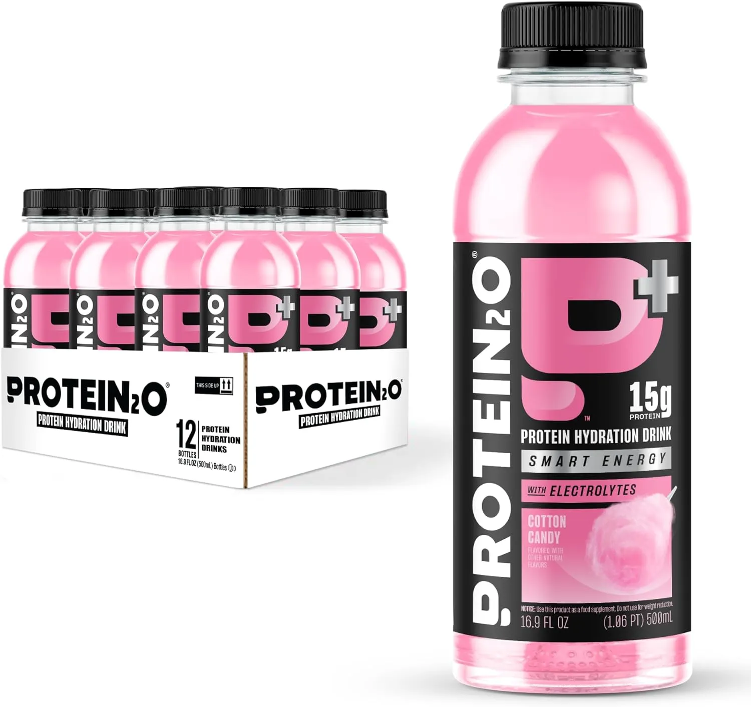 Protein2o 15g Whey Protein Isolate Hydration Drink Plus Energy & Focus, 350mg of Electrolytes, Vitamins B5 & B6, Sugar Free, Cotton Candy, 16.9 oz Bottle (Pack of 12)