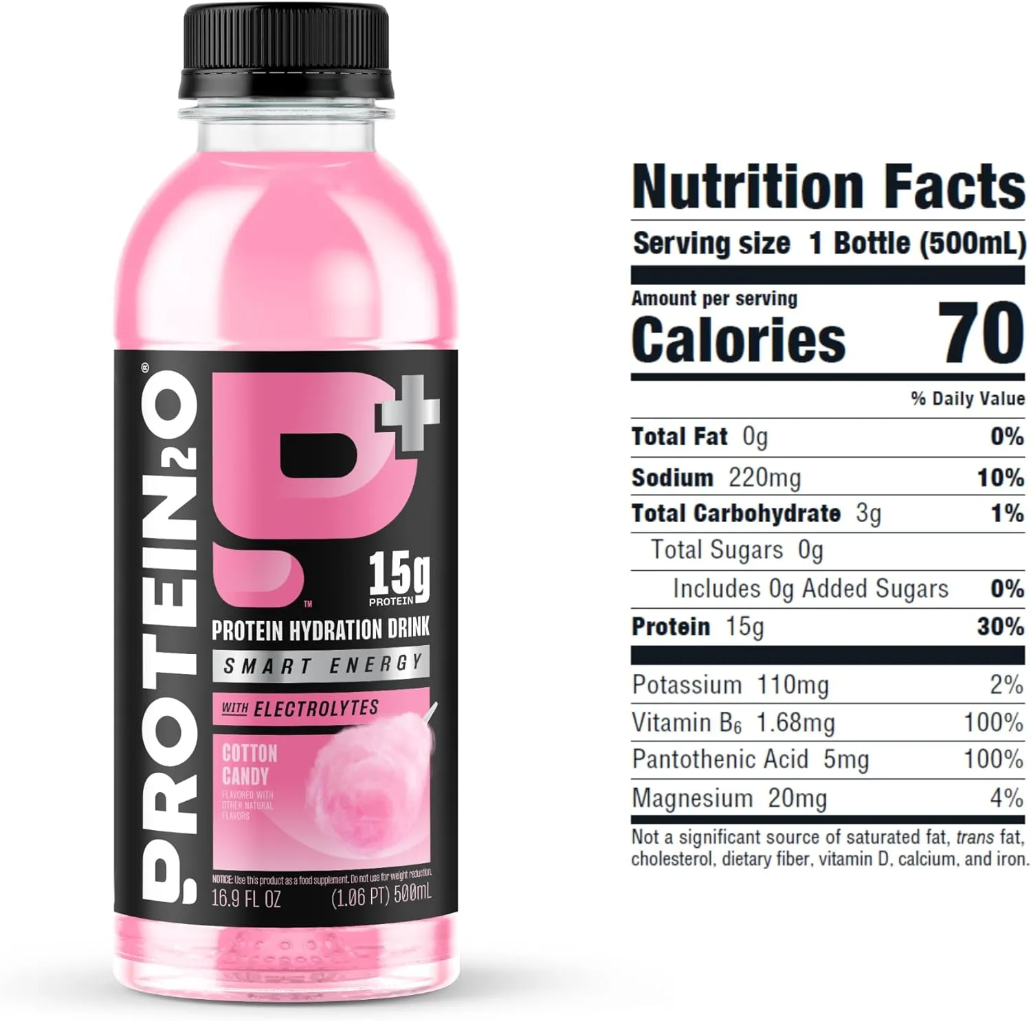 Protein2o 15g Whey Protein Isolate Hydration Drink Plus Energy & Focus, 350mg of Electrolytes, Vitamins B5 & B6, Sugar Free, Cotton Candy, 16.9 oz Bottle (Pack of 12)