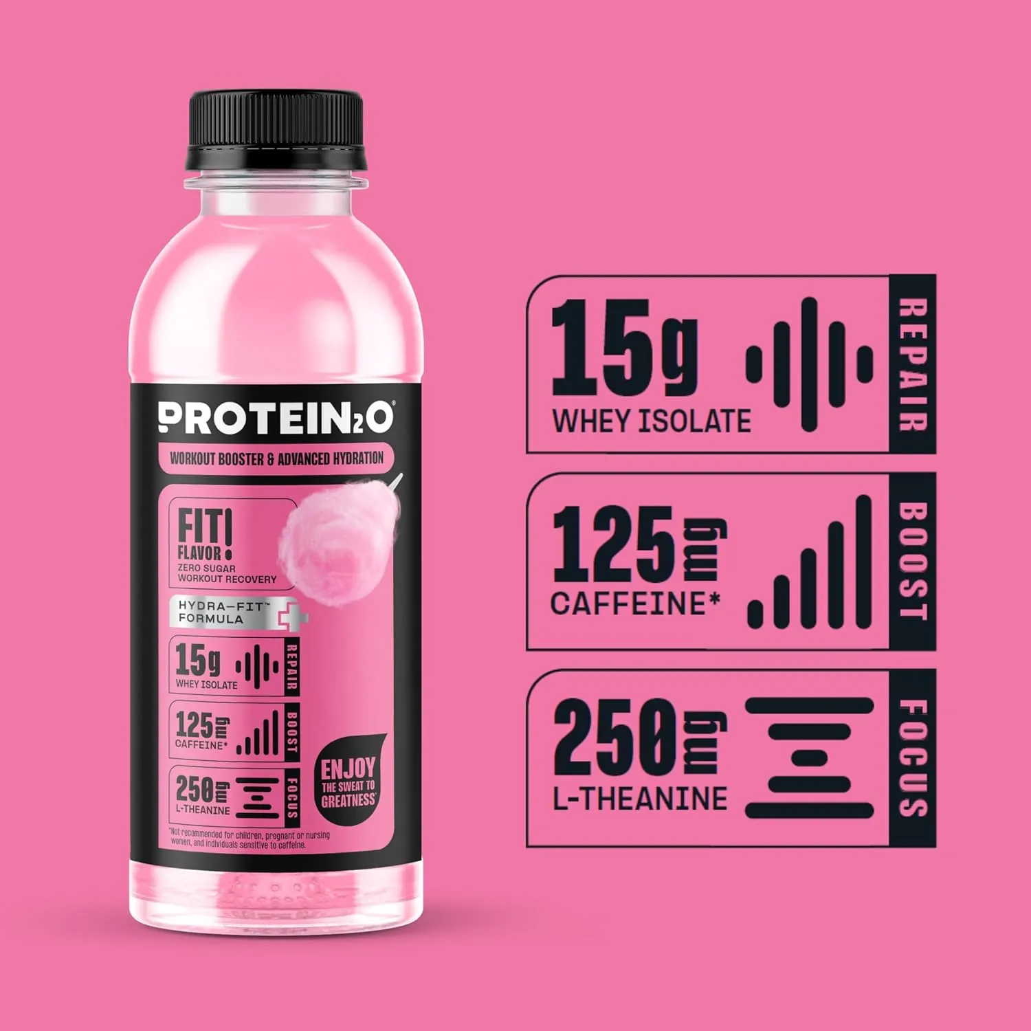 Protein2o 15g Whey Protein Isolate Hydration Drink Plus Energy & Focus, 350mg of Electrolytes, Vitamins B5 & B6, Sugar Free, Cotton Candy, 16.9 oz Bottle (Pack of 12)