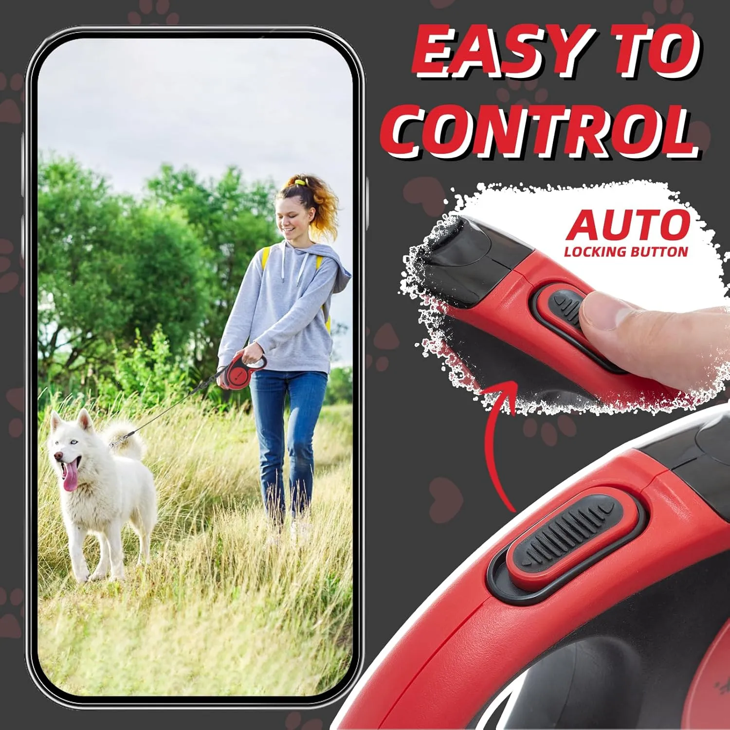 PUPTECK Retractable Dog Leash With Anti-Chewing Steel Wire, 360Tangle-Free Pet Walking for Small Medium Large Dogs, Heavy Duty up to 110lbs, 16ft Strong Reflective, One-Hand Brake Red