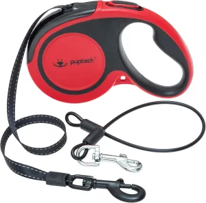 PUPTECK Retractable Dog Leash With Anti-Chewing Steel Wire, 360Tangle-Free Pet Walking for Small Medium Large Dogs, Heavy Duty up to 110lbs, 16ft Strong Reflective, One-Hand Brake Red