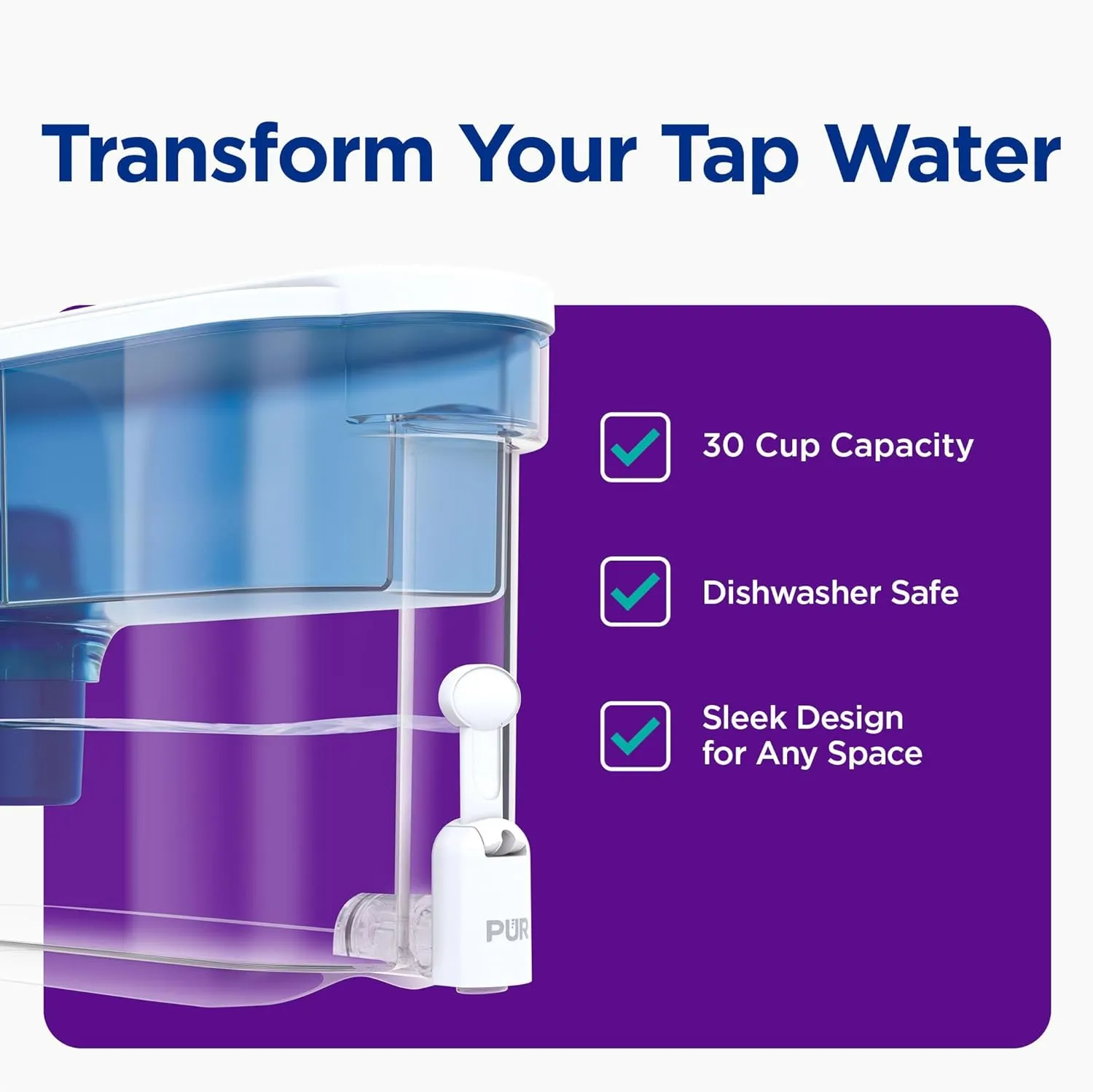 PUR 30-Cup Water Filter Dispenser with 1 Genuine PUR Filter, Large 30-Cup Capacity, 2-in-1 Powerful, Faster Filtration, Lasts 2 Months or 40 Gallons, Dishwasher Safe, White/Blue (DS1800Z)