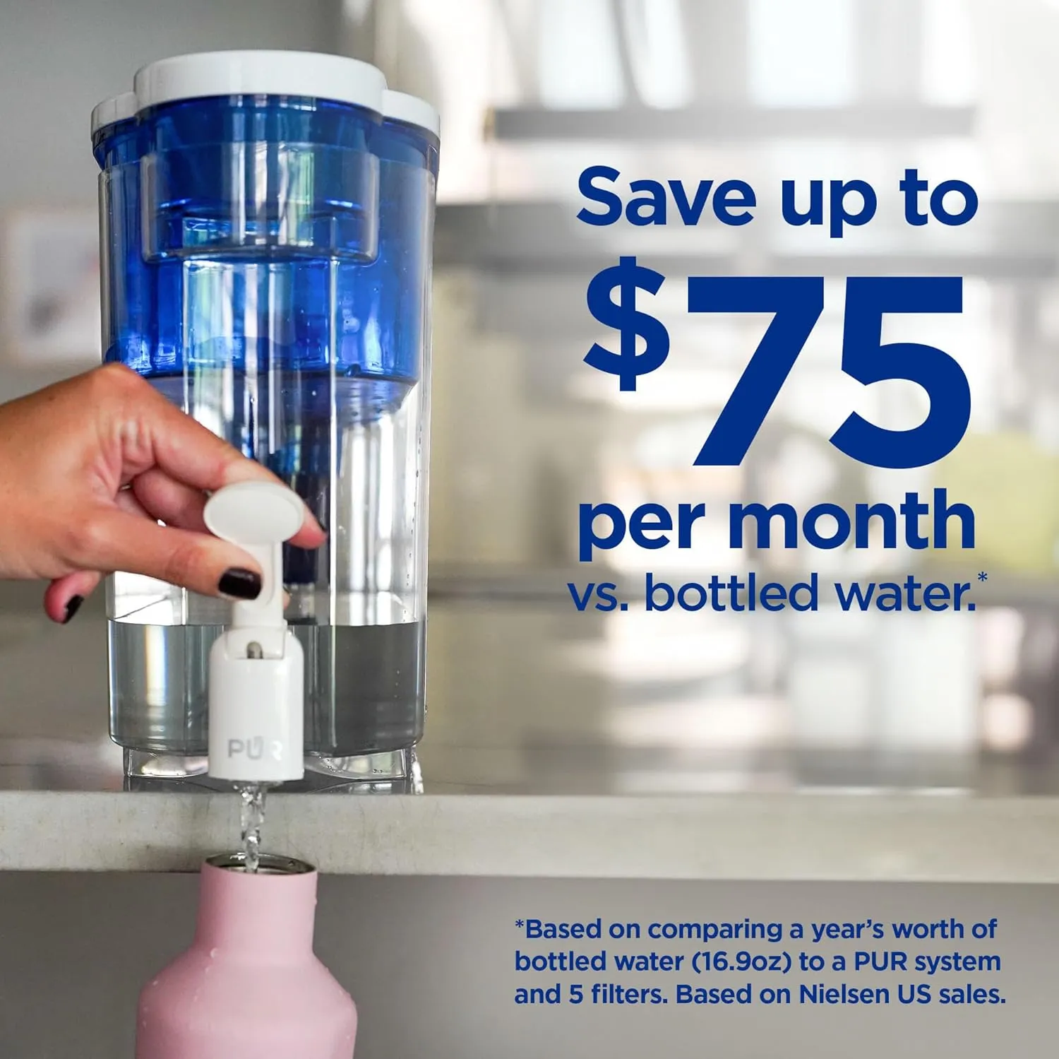 PUR 30-Cup Water Filter Dispenser with 1 Genuine PUR Filter, Large 30-Cup Capacity, 2-in-1 Powerful, Faster Filtration, Lasts 2 Months or 40 Gallons, Dishwasher Safe, White/Blue (DS1800Z)