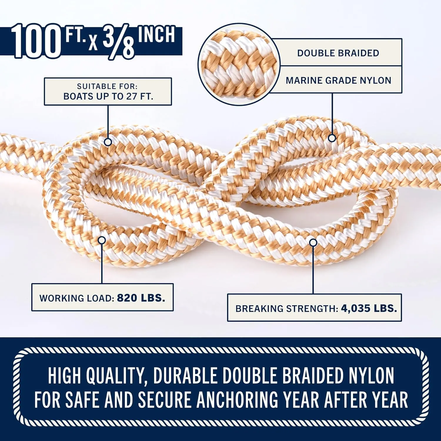 RainierSupplyCo Boat Anchor Rope - Double Braided Marine Rope Anchor Line - 100/150 / 200/300 ft Nylon Boating Line with 316 Stainless Steel Thimble and Heavy Duty Marine Grade Snap Hook