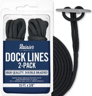 RainierSupplyCo Dock Lines 2-Pack - Boat Rope for Docking with Loop - 15 ft x 3/8 Inch Premium Double Braided Nylon Marine Rope - Mooring Line with 12" Eyelet - Boat Accessories - Black