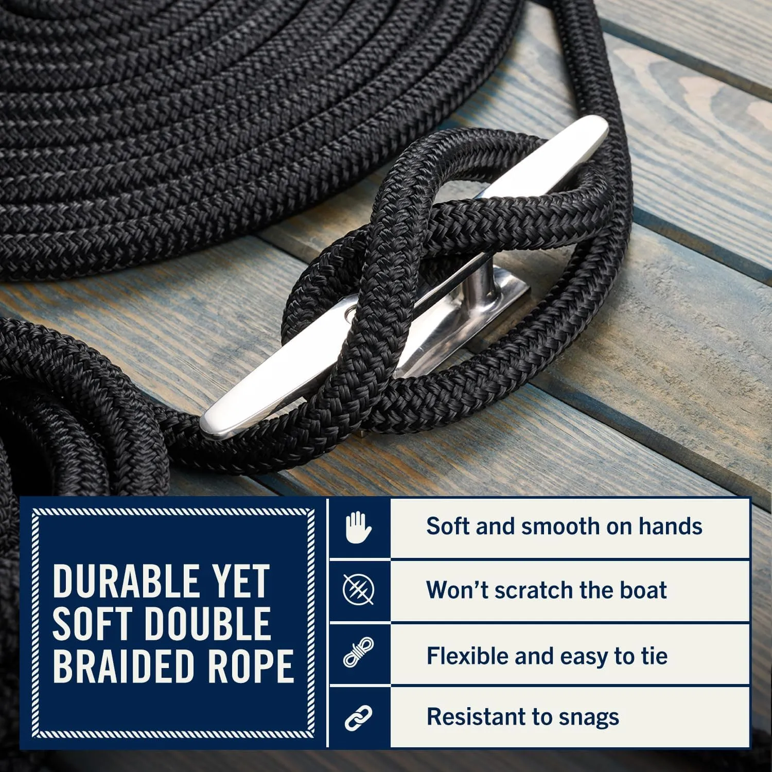 RainierSupplyCo Dock Lines 2-Pack - Boat Rope for Docking with Loop - 15 ft x 3/8 Inch Premium Double Braided Nylon Marine Rope - Mooring Line with 12" Eyelet - Boat Accessories - Black