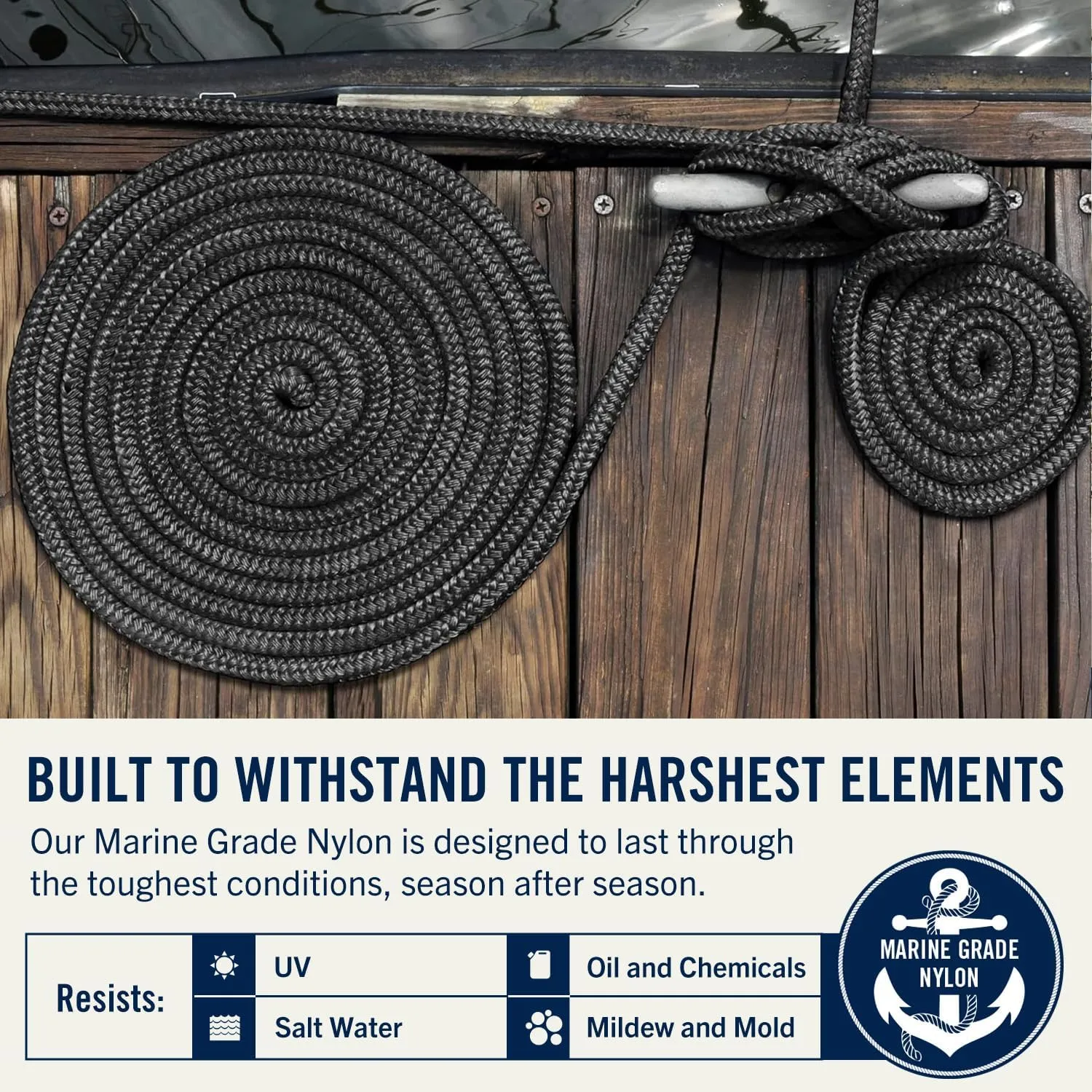 RainierSupplyCo Dock Lines 2-Pack - Boat Rope for Docking with Loop - 15 ft x 3/8 Inch Premium Double Braided Nylon Marine Rope - Mooring Line with 12" Eyelet - Boat Accessories - Black