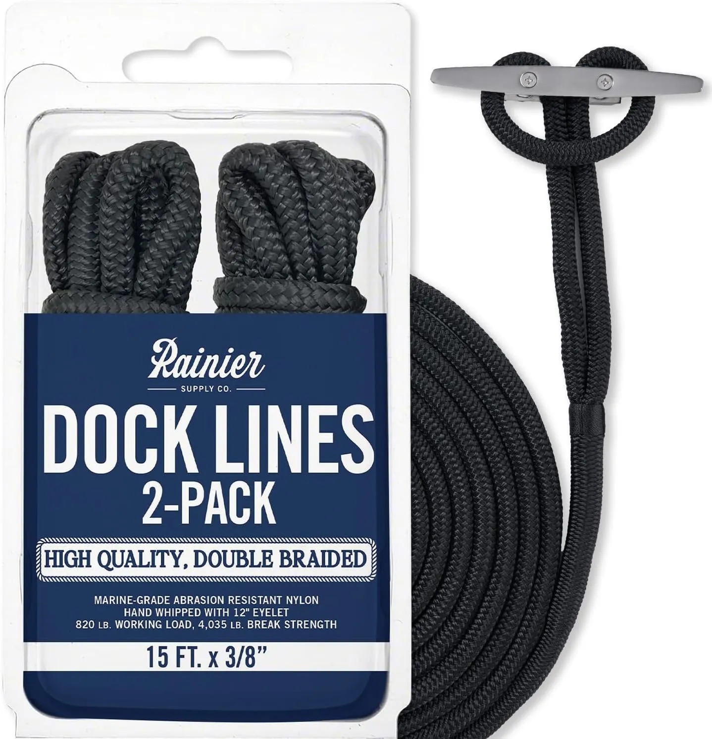 RainierSupplyCo Dock Lines 2-Pack - Boat Rope for Docking with Loop - 15 ft x 3/8 Inch Premium Double Braided Nylon Marine Rope - Mooring Line with 12" Eyelet - Boat Accessories - Black