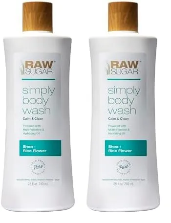 RAW SUGAR Simply Body Wash - Shea   Rice Flower (25 Fl Oz, Pack of 2) Moisturizing & Soothing Bath & Shower Gel, Formulated without Sulfates & Parabens, Vegan