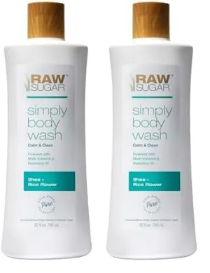 RAW SUGAR Simply Body Wash - Shea   Rice Flower (25 Fl Oz, Pack of 2) Moisturizing & Soothing Bath & Shower Gel, Formulated without Sulfates & Parabens, Vegan