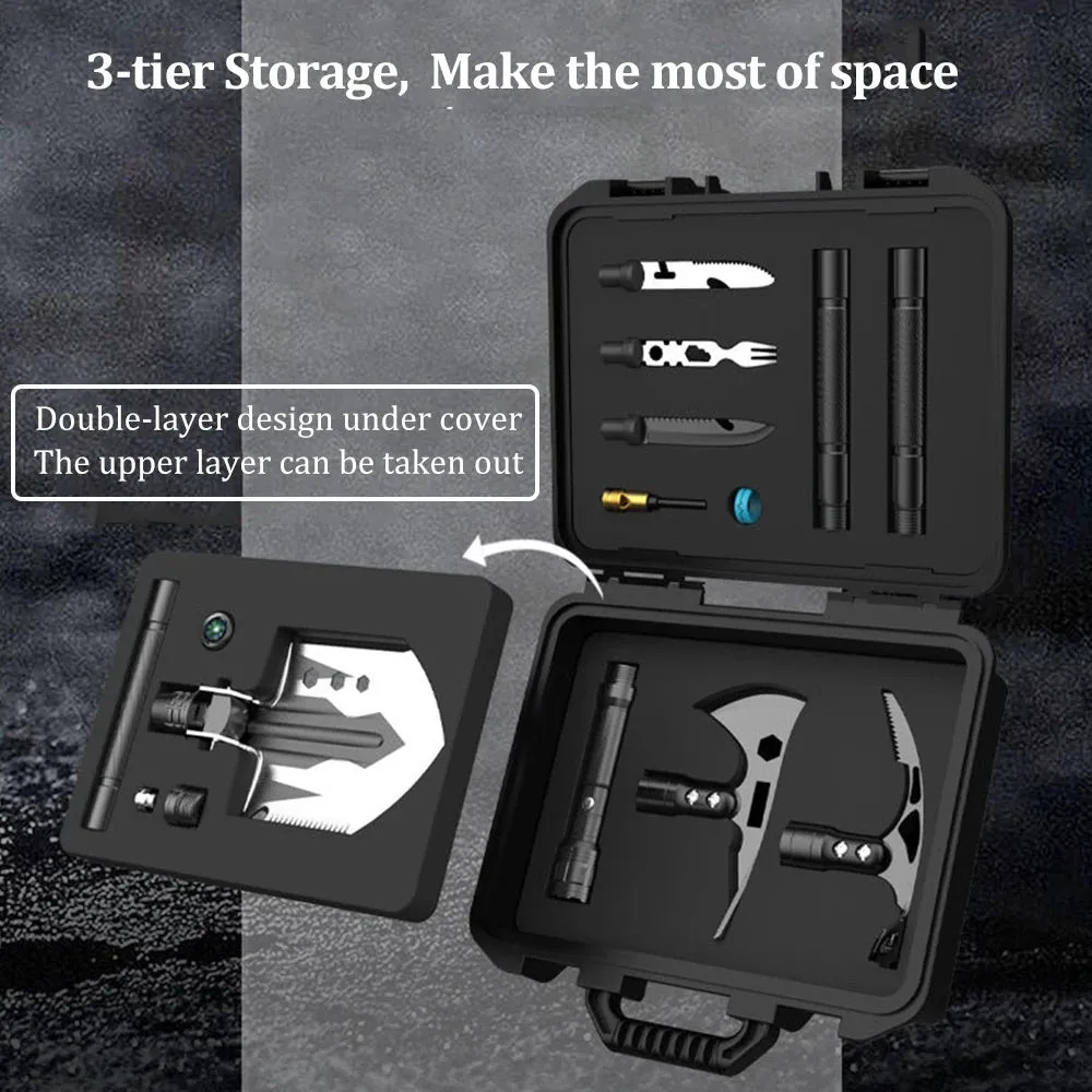 RDDSPON Multipurpose Military Shovel for Outdoor Survival Multipurpose Axe Pickaxe Shovel Compass & Flashlight Camping Tool Set