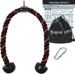 Red Tricep Rope Pull Down & Poster Set | 27 or 36 Inch Heavy Duty Nylon Rope, Chrome Cable Attachment | Professional or Home Gyms | Includes Workout Poster, Snap Hook, Bag