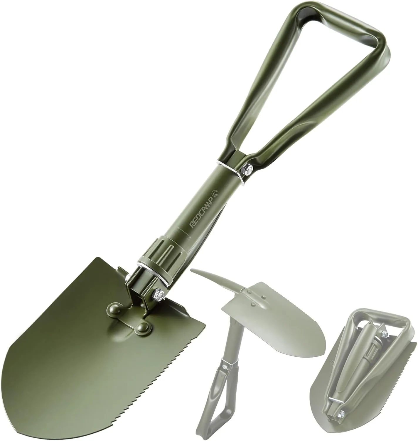 REDCAMP 23" Tri-Fold Folding Shovel for Camping & Car Emergencies w/Pick, Compact Snow/Mud Shovel with Storage Bag, High Manganese Steel Mini Survival Tool (2.5LBS, Green)