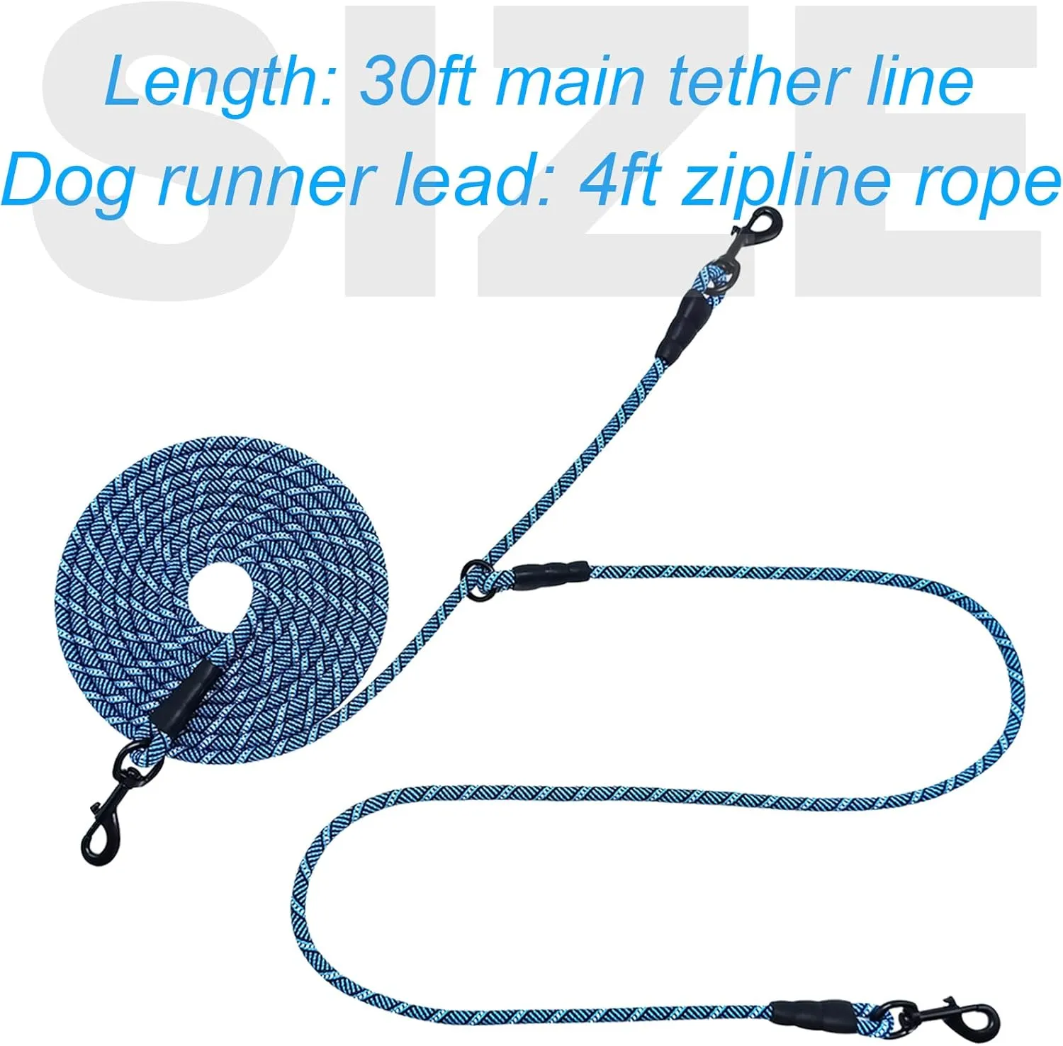 Reflective Dog Tie Out for 2 Dogs, 12ft/ 20ft/ 30ft Portable Long Dog Tether for Dogs up to 250lbs, Outdoor Overhead Trolley Runner with 4ft Zipline Rope for Outside Camping Yard Parks (30ft)