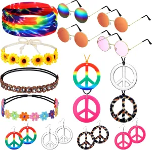 Remuuly 16 Pcs Hippie Costume Accessories for Women 60s 70s Accessory Set Includes Headband Hippie Sunglasses Peace Sign Earrings and Necklace Jewelry Outfits for Women Costume Party Supplies