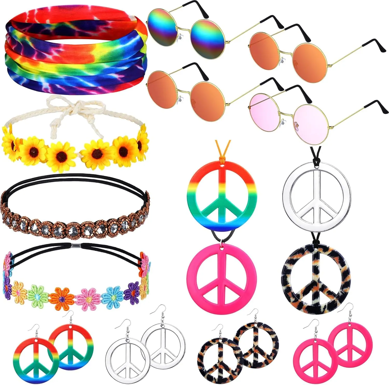Remuuly 16 Pcs Hippie Costume Accessories for Women 60s 70s Accessory Set Includes Headband Hippie Sunglasses Peace Sign Earrings and Necklace Jewelry Outfits for Women Costume Party Supplies