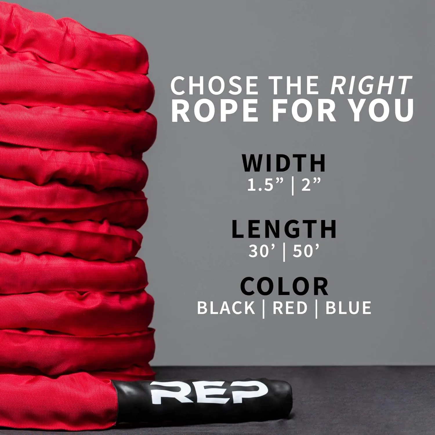 REP Battle Ropes - PolyDacron Battle Rope for Strength and Conditioning Workouts – 1.5" and 2" Diameter, 30ft, 40ft, 50ft Lengths with Optional Cover Sleeve