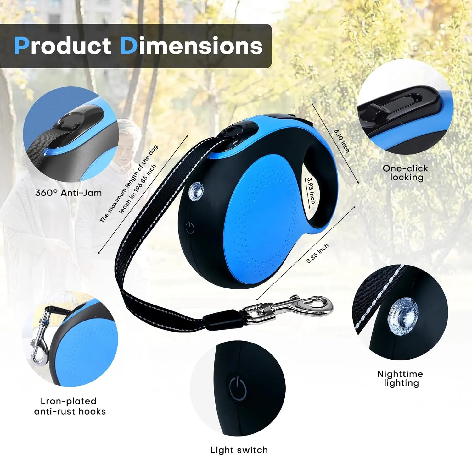 Retractable dog leash with chew-proof cord and LED flashlight, 16-ft heavy-duty dog leash, suitable for medium/large dogs weighing up to 110 pounds, reflective rope, 360° anti-tangling.(Blue 16ft LED)