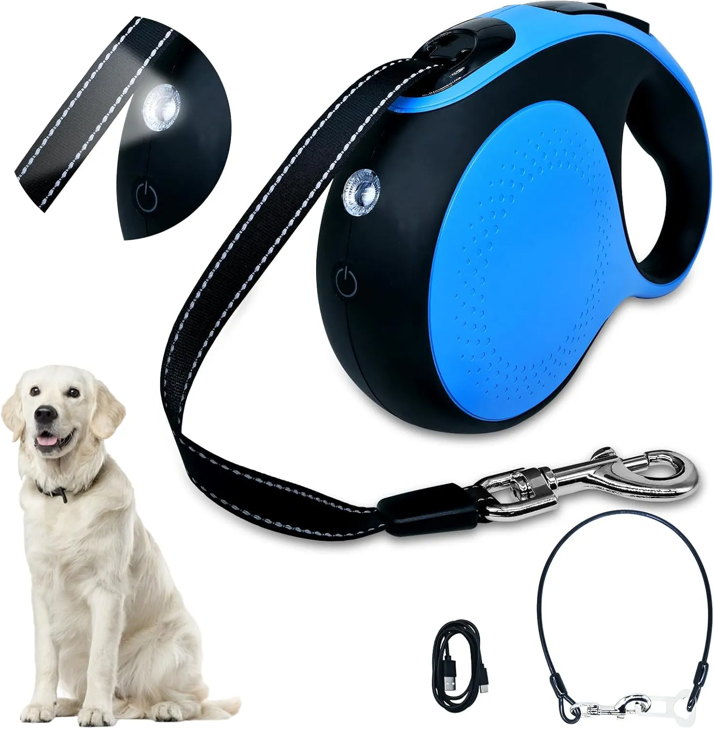 Retractable dog leash with chew-proof cord and LED flashlight, 16-ft heavy-duty dog leash, suitable for medium/large dogs weighing up to 110 pounds, reflective rope, 360° anti-tangling.(Blue 16ft LED)