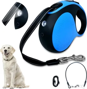 Retractable dog leash with chew-proof cord and LED flashlight, 16-ft heavy-duty dog leash, suitable for medium/large dogs weighing up to 110 pounds, reflective rope, 360° anti-tangling.(Blue 16ft LED)
