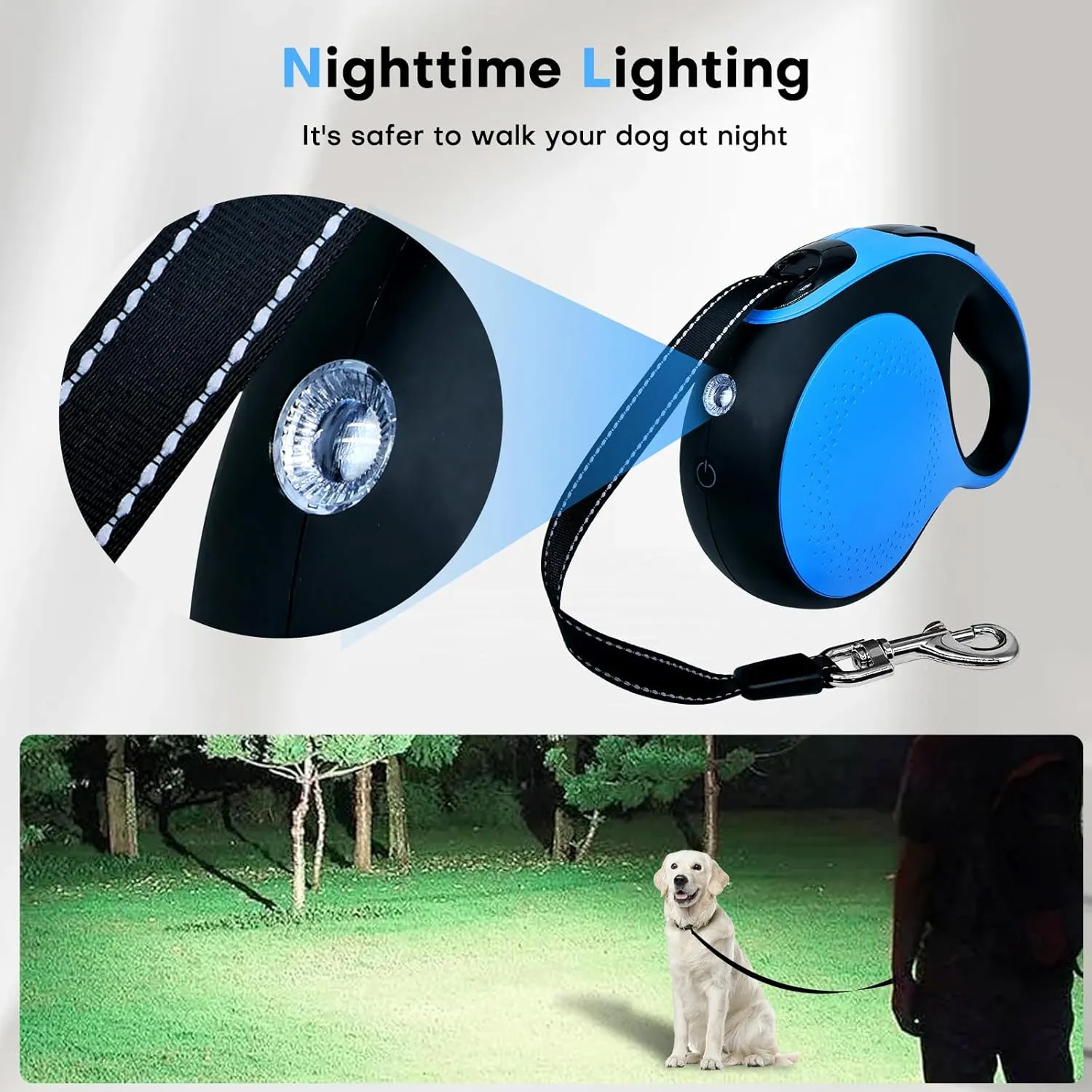 Retractable dog leash with chew-proof cord and LED flashlight, 16-ft heavy-duty dog leash, suitable for medium/large dogs weighing up to 110 pounds, reflective rope, 360° anti-tangling.(Blue 16ft LED)